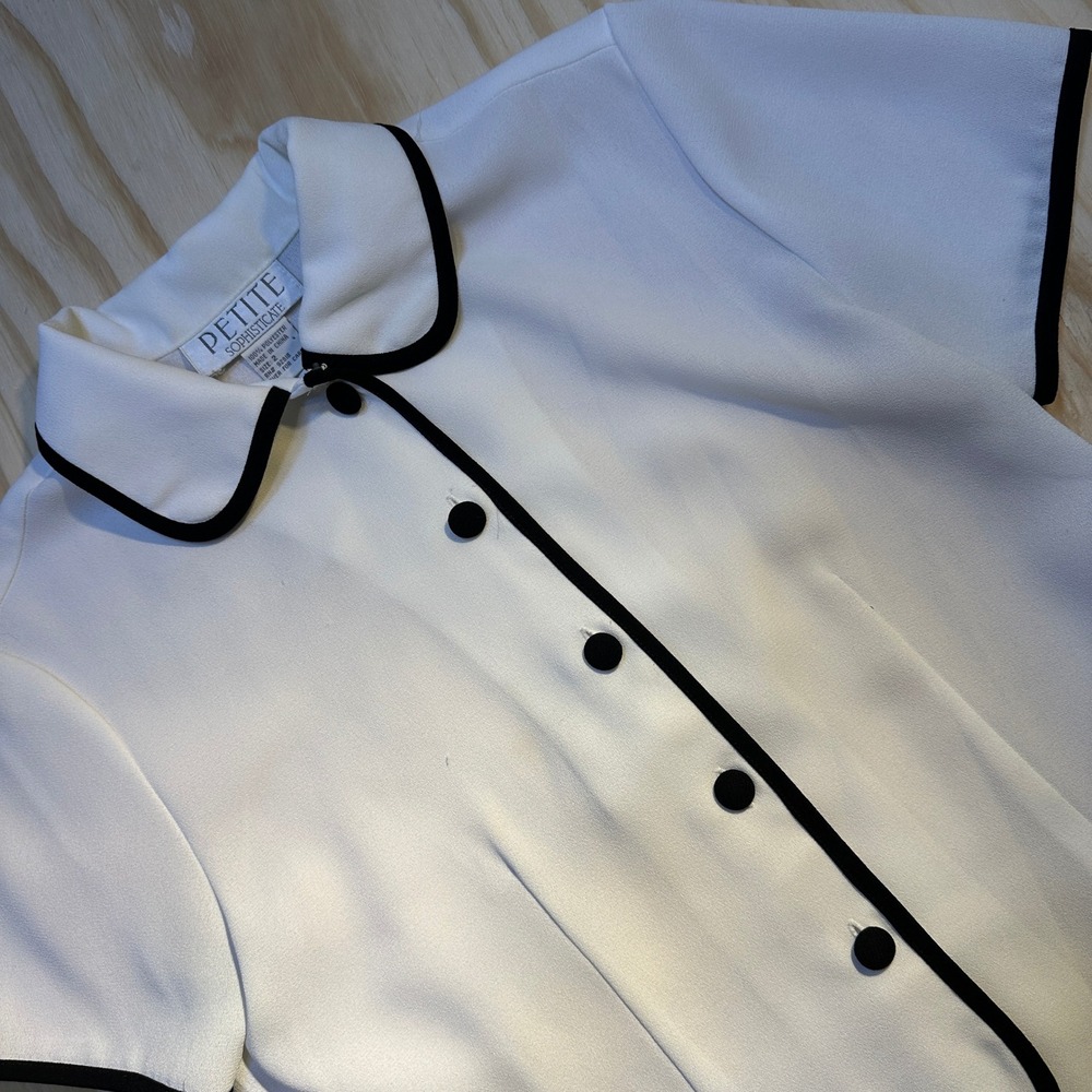 Petite Sophisticate Vintage White Black Contrast Trim Peter Pan Collar Blouse 2